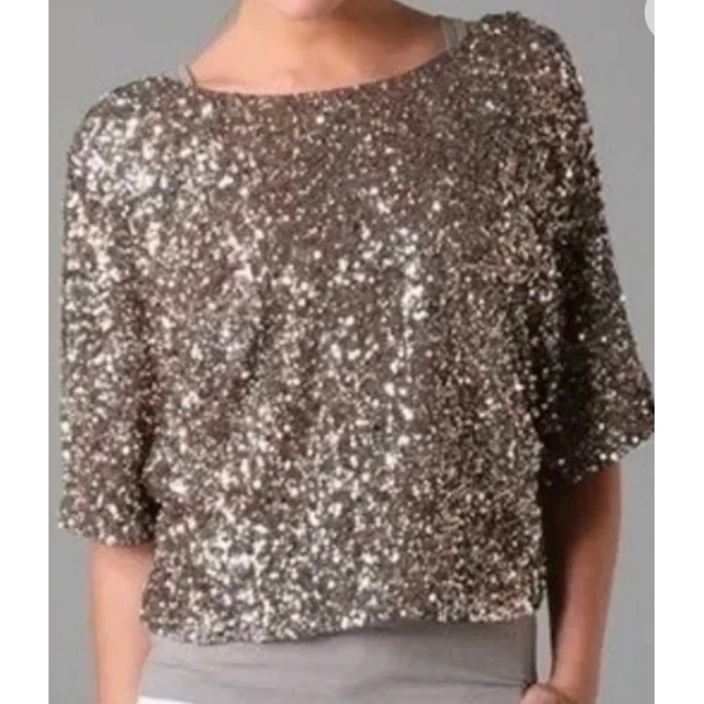 Vince Sequin Dolman Sleeve Top Bronze Gold Metallic Scoop Neck V0644-10325